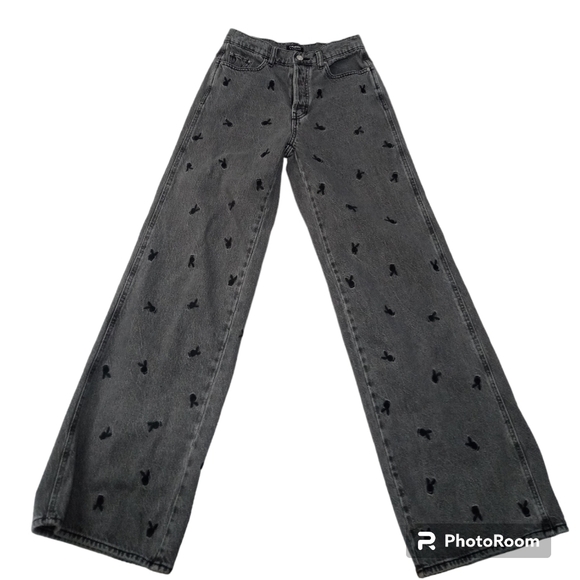 Pacsun x Playboy Charcoal Logo Print Straight Leg Button Fly High Waist Sz 25 - Picture 2 of 10